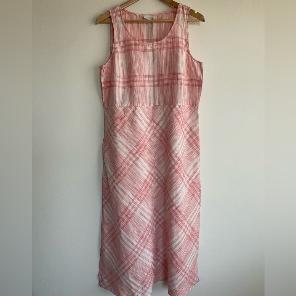 J Jill Love Linen Red White Plaid Maxi Midi Dress Pockets Boho Cottage Beach